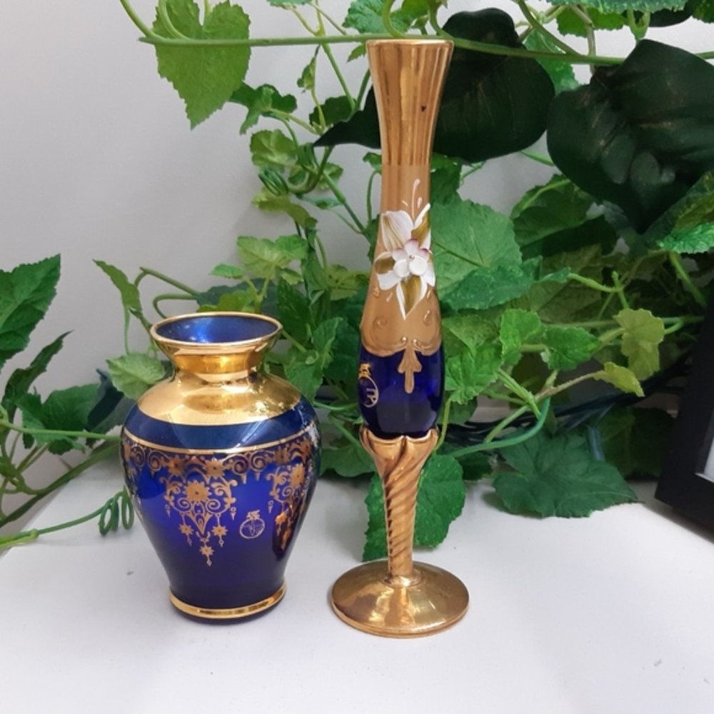 Vecchia Murano Cobalt Blue Glass & Gold Small Duo Vase Set